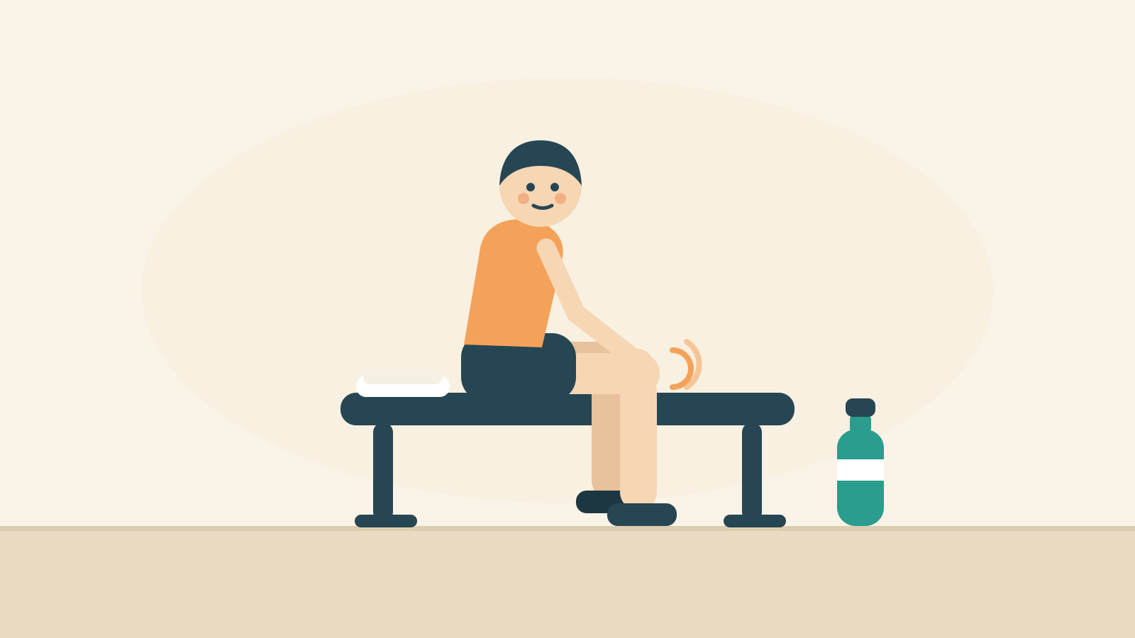 トレーニングを中断して、膝の様子をそっと確かめる人のイラスト